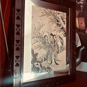 Vtg pen drawing Japanese Geisha or courtesan figures in a garden ,glass frame